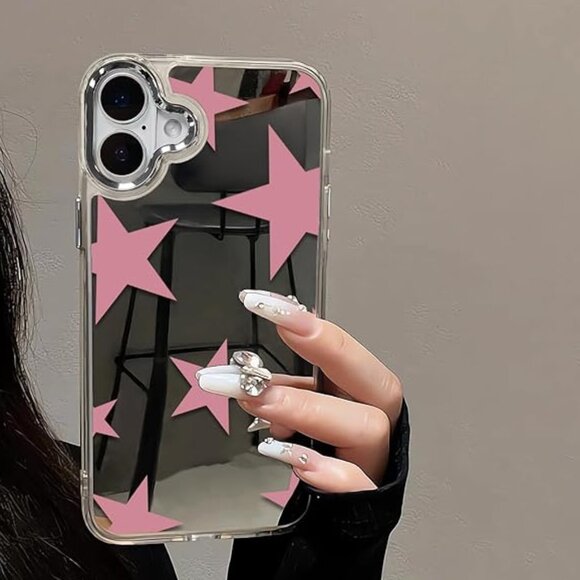 Iphone 16 15 14 Glossy Mirror Case Pink Cute Kawaii Star Wireless Charging Case - Picture 1 of 4